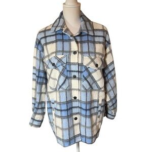 Zara Blue White Flannel Shacket Jacket Pockets Fall Casual‎ Size Small Plaid